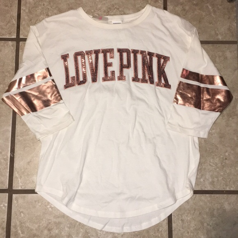 NWT VS PINK LOVE PINK ROSE GOLD BLING TOP S